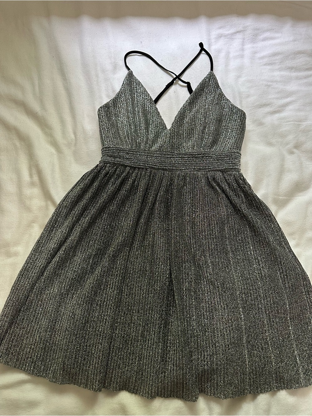 Trixxi Silver Metallic Pleated Skater Dress with Black Straps